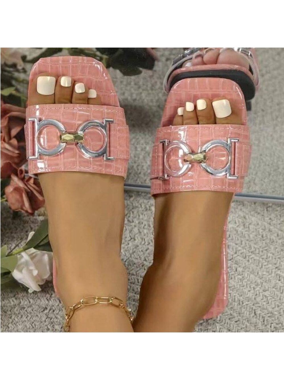 Elegant Pink Slide Crocodile Pattern Sandals Size 7